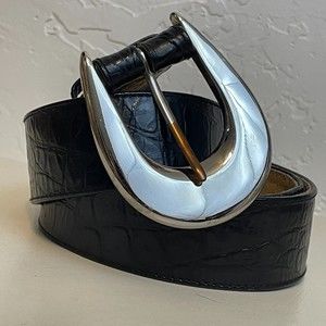 Jeager {32 Inches} Leather Black Embossed Belt w/Large Silver Belt Buckle